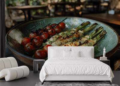 Colorful grilled vegetables on plate represent the freshness and attention to detail of the food, suitable for health communication, advertising healthy food that emphasizes the balance of nutrients. Wall mural