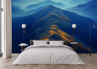 Landscape of majestic mountain ranges at sunrise, with golden sunlight casting soft rays over distant hills and valleys. The foreground consists of a grassy ridge covered in golden autumn hues. Wall mural