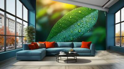 Morning dew glistens on fresh green leaf in a stunning macro view, with vibrant droplets refracting light and highlighting the leaf's texture, perfect for nature-themed projects and wellness branding. Wall mural