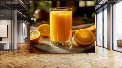 Orange juice has many health benefits, such as high vitamin C, which helps boost immunity, and can be used in images to convey a sense of freshness or as a beverage in advertisements and food menus. Wall mural