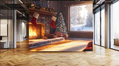 Warm atmosphere during Christmas gives feeling of happiness, peace and friendliness, used as advertisement, decoration during Christmas season to create impressive atmosphere and attract the audience. Wall mural