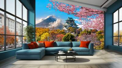  Osaka Castle and full cherry blossom, with Fuji mountain background, Japan. Wall mural