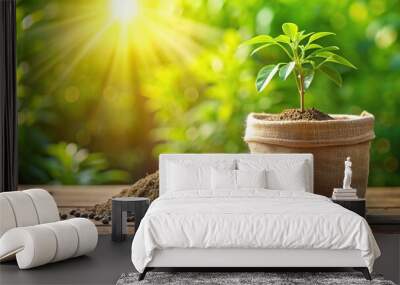 A detailed close up shot of a plant pot with a bag of fertilizer resting on a green surface against a background of vibrant sunlight, close-up, nutrients, green, nourishment Wall mural