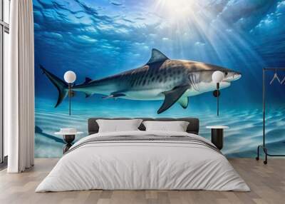 A majestic tiger shark gracefully glides through the crystal clear blue ocean its sleek body symmetrical and streamlined, marine life, oceanic, creature, predator, tiger shark, aquatic Wall mural