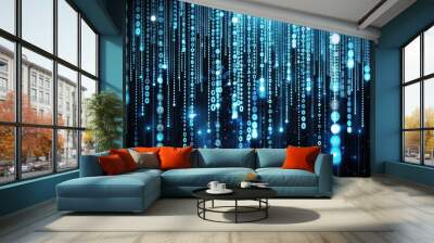 A stock photo featuring a black background with binary code flowing in a glitch effect, programming, cyber security., futuristic, fisheye, software, digital art, glitch effect Wall mural