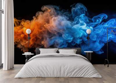 Abstract blue and orange smoke steam on black background Wall mural