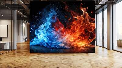 Abstract blue and red fire contrast on black background with flames and sparks Wall mural