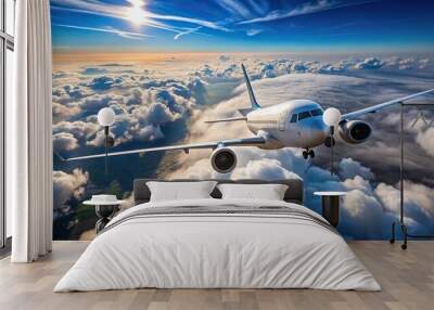 Airplane flying above clouds with blue sky background Wall mural