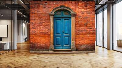 Antique blue European doorway on brick red wall Wall mural