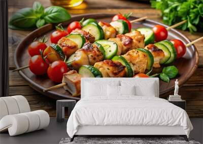 Close-Up of delicious grilled chicken skewers with zucchini and cherry tomatoes Wall mural