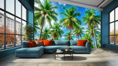 Close-Up palm trees with blue sky background peaceful vacation holiday backgrounds Wall mural