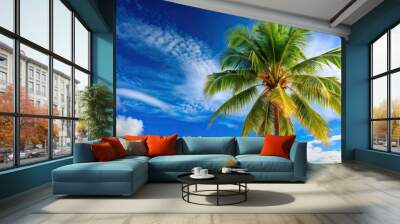 Coconut palm tree standing tall against a vibrant blue summer sky with ample copy space for text or design, landscape, exotic, serene, tall,coconut palm tree, summer, plant, vibrant Wall mural