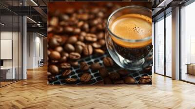 Coffee cup close up with hot espresso beverage, evoking morning aroma Wall mural