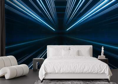 Futuristic light tunnel. Long Spaceship corridor interior view. Future sci-fi background concept. 3D rendering. Wall mural