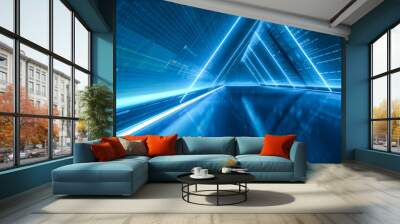 Futuristic Spaceship corridor.  Abstract modern background. Triangle tunnel with light. Sci-fi corridor concept. 3d rendering. Wall mural