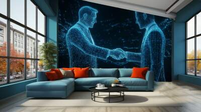 High resolution congratulatory handshake images. The overall scene is a futuristic, colorful wireframe digital art. With a dark cyberpunk beauty style. Use only neon blue and black. Wall mural