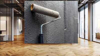 improvement, renovation, color, home improvement, residential building, brush, A close up view of a paint roller on a wall during the renovation of a building facade painted in dark gray Wall mural