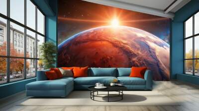 Red earth with light shining through the universe, high angle view Wall mural