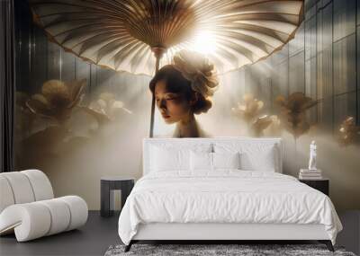 A cinematic shot of an Asian woman gracefully holding an umbrella. Wall mural