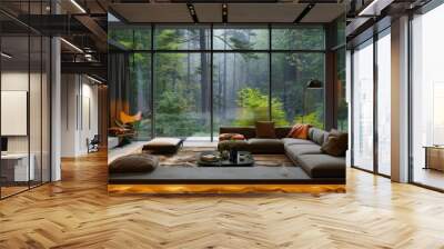 A cozy living room with sleek modern furniture, large windows overlooking the forest and soft lighting from an elegant fireplace Wall mural