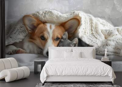 A cute corgi dog and small gray cat, snuggling under a white blanket on a bed isolated on a clear background Wall mural