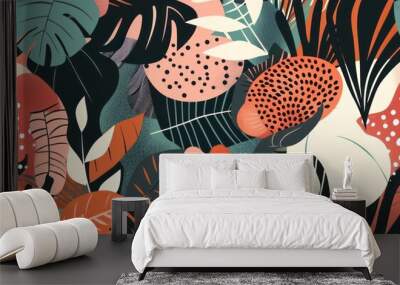 A flat illustration of tropical plants and flowers, featuring an orange with white dots in the center Wall mural