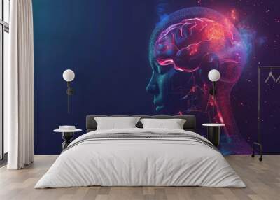 A glowing brain with a red aura is depicted on the side of an animated human head in profile, symbolizing treatment for graduating to research and treatment Wall mural