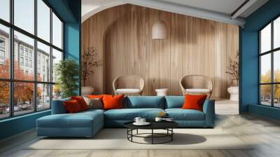 A minimalist interior with an arched wooden wall and two rattan chairs, creating a serene atmosphere Wall mural