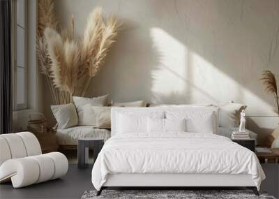 A minimalistic living room with a soft beige sofa, pampas grass plants and a wooden coffee table in the style of industrial minimalist design Wall mural