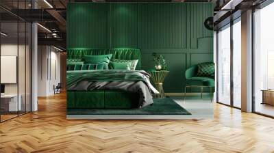 A modern green bedroom with geometric green wallpaper, sleek green furniture Wall mural