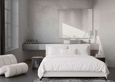 A modern minimalist bathroom with white walls, grey sink and concrete countertop, wooden floor, wall mirror above the counter, window on one side of room Wall mural