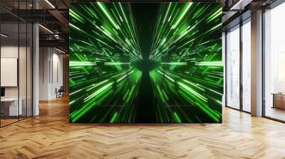 A neon green and black background with symmetrical lines of light streaks on the left side, creating an abstract design Wall mural