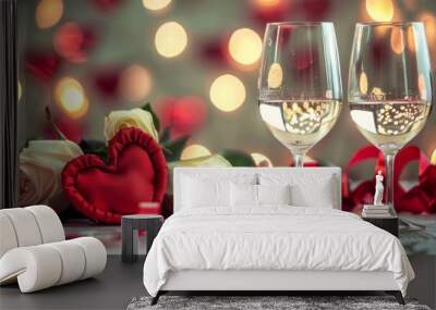 A red heartshaped decoration with ribbons and roses, next to two glasses of white wine on the table against a background with blurred hearts for Valentine's Day celebration Wall mural