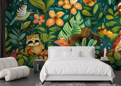 A sloth and toucan in the jungle, surrounded by lush greenery and colorful foliage, illustrated with playful patterns of stripes and dots Wall mural