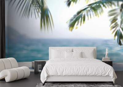 A stone podium on a blurred background of a blue sea and palm trees, depicting a summer vacation concept, with a banner containing copy space for product presentation Wall mural