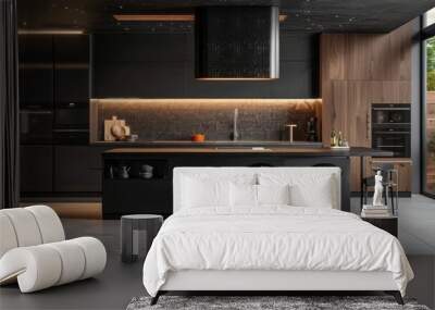 Dark kitchen interior featuring a seamless fusion of black and walnut elements Wall mural