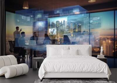 Design an image of a virtual office meeting, with colleagues connecting from different locations through video conferencing technology Wall mural