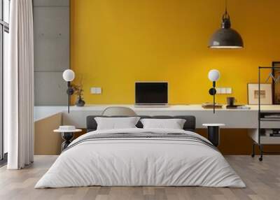 Home office with a minimalist yellow wall Wall mural