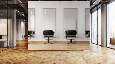 Minimalist hair salon with three black chairs and mirrors on the wall Wall mural