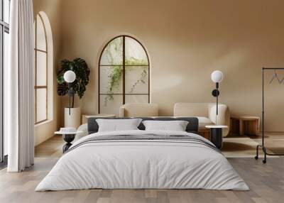 Minimalist living room with an arched window, featuring a cream-colored sofa and small wooden coffee tables Wall mural