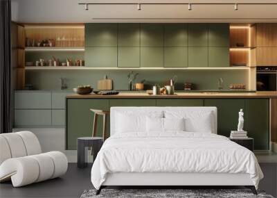 Modern green kitchen interior featuring sage green cabinets Wall mural