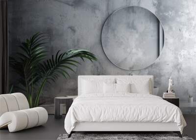 Modern minimalistic bathroom interior with concrete wall, round mirror and sink on a shelf in a gray color Wall mural