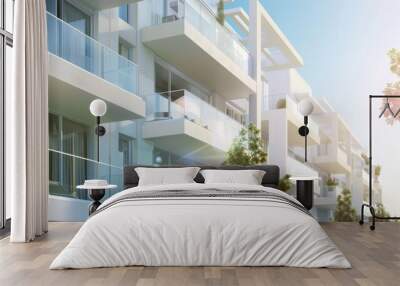 Modern white apartment buildings with glass balconies and sunlight, real estate concept Wall mural