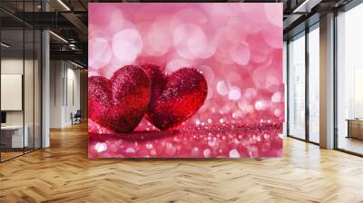 Two red hearts on a pink glitter background with copy space for a Valentine's Day celebration. A love concept Valentine day banner template design Wall mural