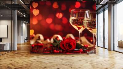 Valentine's Day background with red heartshaped bokeh and two glasses of white wine Wall mural