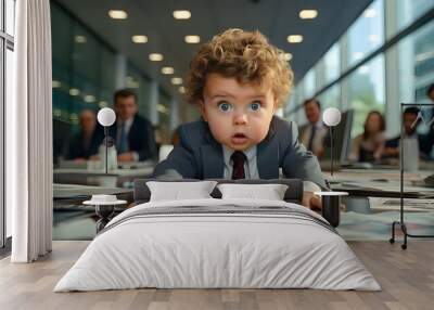 Baby Businessman in suit crawling on office desk Wall mural