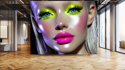 Closeup face of woman with lime green eye shade and pink lipstick  Wall mural