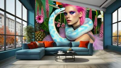 Creative fashion portrait of Punk woman posing with anaconda, Pastel colour scheme, tropical background  Wall mural