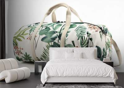 Duffle bag with green leaves pattern, isolated on white Wall mural