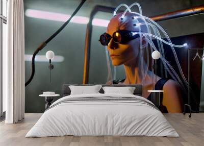 Dystopian woman with neon glowing wired head and goggles  Wall mural